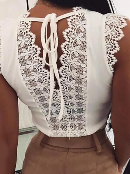 

women's blouses & shirts summer elegant basic shirt female o-neck workwear blouse women fashion sleeveless lace stitching top, White