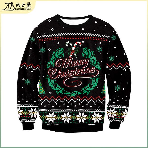 

2021 autumn christmas wreath printed round neck long sleeve sweater for lovers, Black