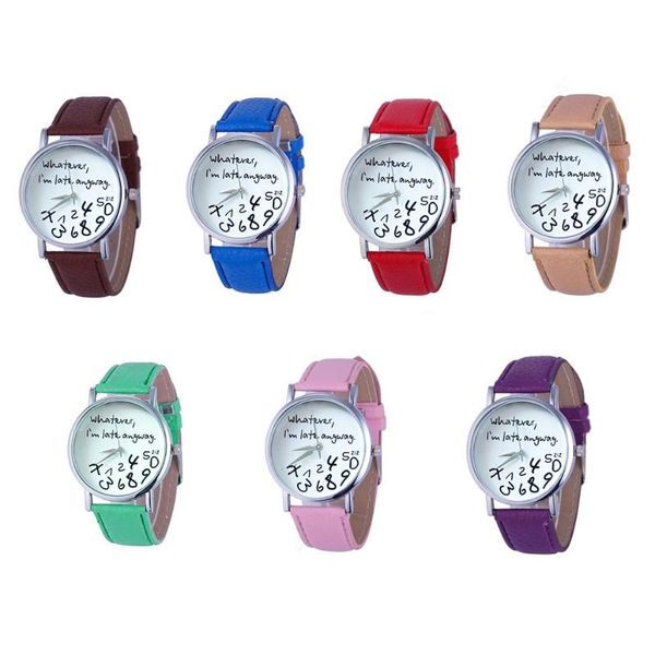 

wristwatches mance whatever i am late anyway letter pattern leather men women watches fresh style woman wristwatch lady watch, Slivery;brown
