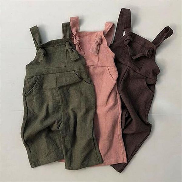 

toddler sweet kids boys girls clothes linen solid causal sleeveless dungaree jumpsuit playsuit overalls outfits fashion, White