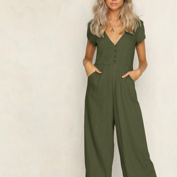 

summer casual loose linen cotton womens jumpsuits short sleeve v neck playsuit trousers overalls jj, Black;white