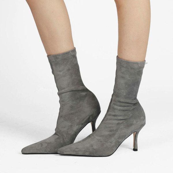 

boots 2021 four seasons lady fashion imitation suede stiletto high-heel mid calf slip on comfortable elastic women's shoes, Black