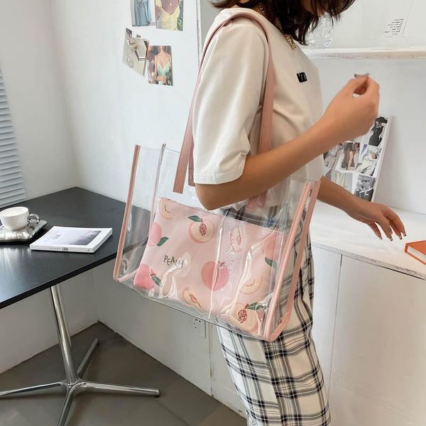 

evening bags summer 2-piece set transparent pvc fruit print handbags purse women shoulder bag jelly beach for girls large shopping tote