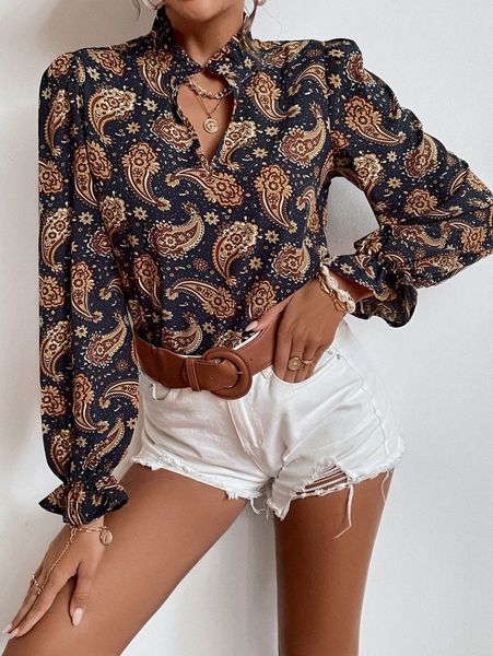 

paisley print flounce sleeve blouse a9vf#, White