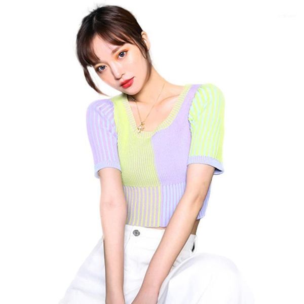 

color block striped short sleeves o neck pullover women slim blouse casual hip hop streetwear candy crop women's blouses & shirts, White