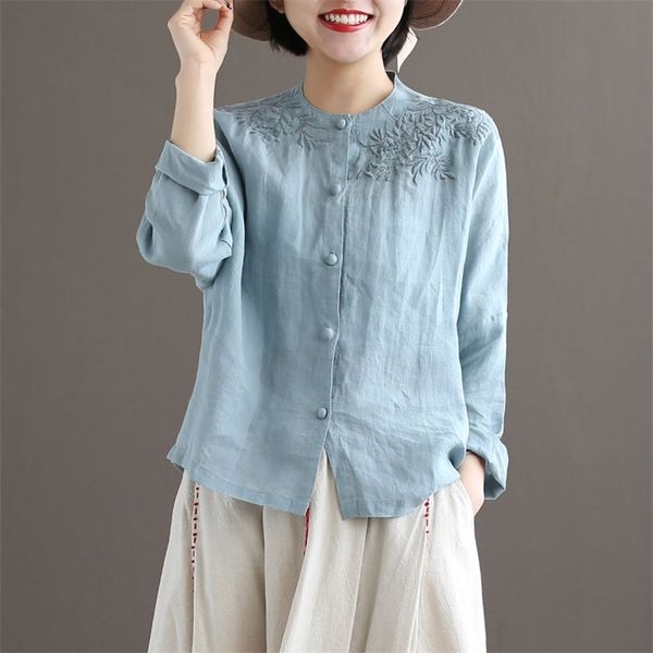 

autumn arts style women long sleeve o-neck loose shirts vintage embroidery cotton linen blouses femme blusas plus size d418 210512, White