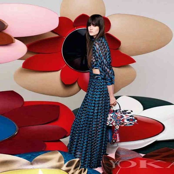 

new blue summer women dresses elegant lady waist fresh print pleated max dress fashion runway long sleeve party vestiods, Black;gray