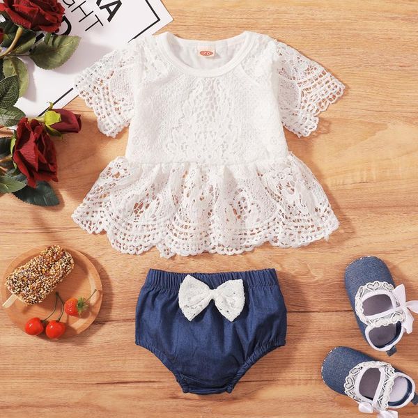 

clothing sets born infant girls clothes set baby lace solid color short sleeve bowknot denim shorts suit kids 0-24months, White