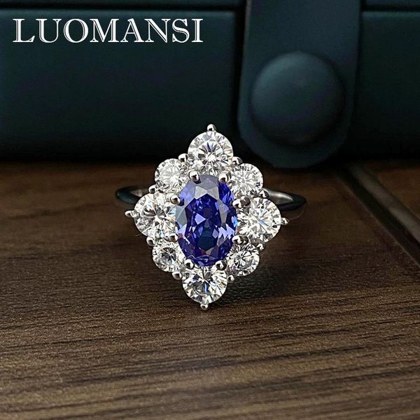 

cluster rings luomansi natural big sapphire flower 100% s925 sterling silver jewelry woman birthday party lover gift, Golden;silver