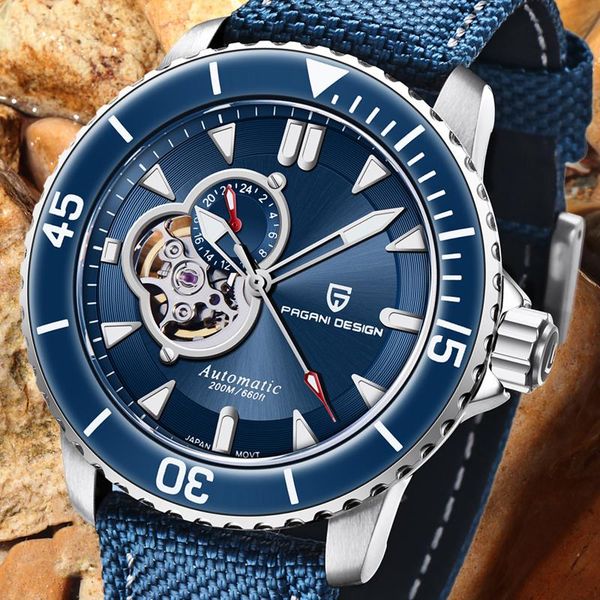 

wristwatches pagani design men's watches luxury bezel luminous nh39 automatic watch men sport 20bar waterproof nylon leather reloj homb, Slivery;brown