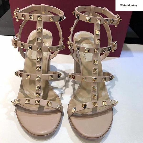 

women rivet high heel sandals chunky brand shoes open toe mid 6cm 8cm v, Black