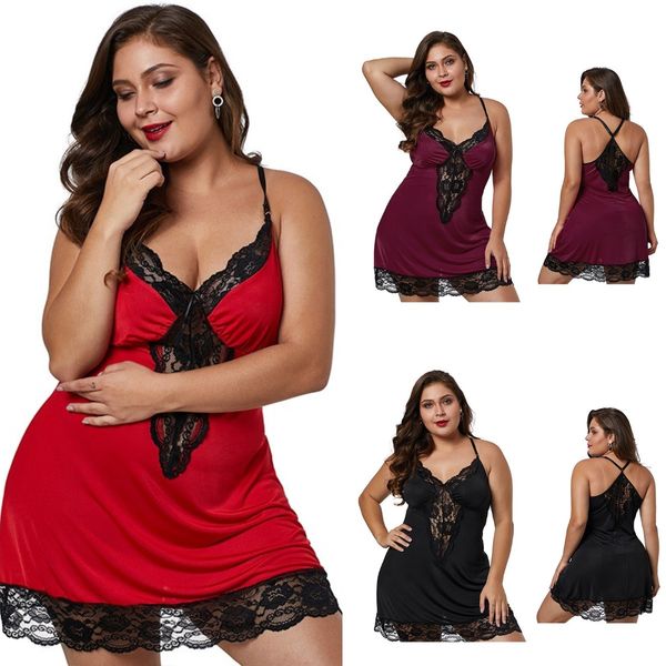 

in stock 5 xl women underwear lace elastic nightdress ice silk feminine sling v-neck nightgown lingerie sleepwear dress female pajamas suspe, Black;white