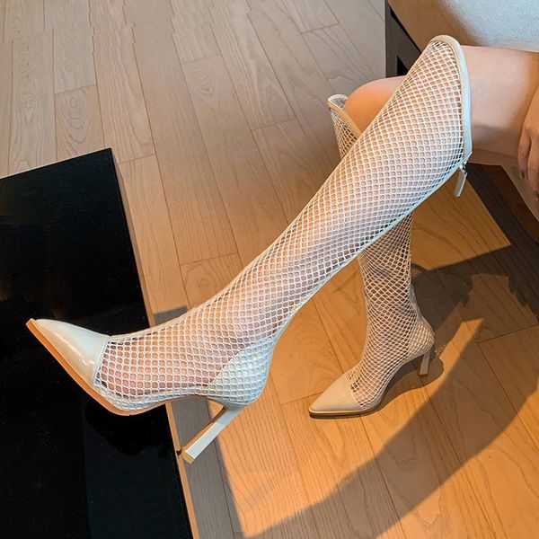 

boots fashion over-the-knee hollow out mesh high heel shoes party woman pointed toe sandals mujer black 2021 style