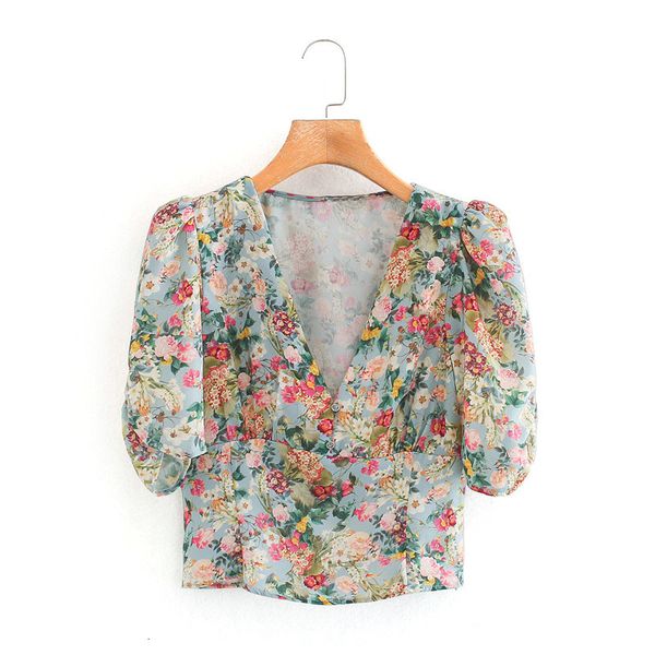 

women's blouses & shirts women french style fashion flower print za short blouse chic lady puff sleeve floral v-neck shirts a, White