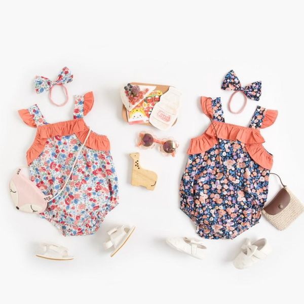

rompers 2pcs baby girls suits short sleeve floral print romper clothing +bow-tie headband summer princess girl jumpsuits, Blue