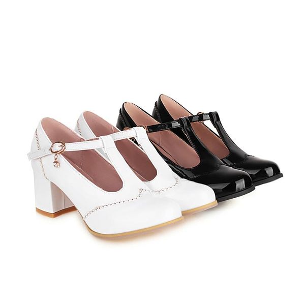 

dress shoes 2021 ladies spring summer plus size formal pumps for women 40 42 44 46 48 block high heels patent leather buckle strap, Black