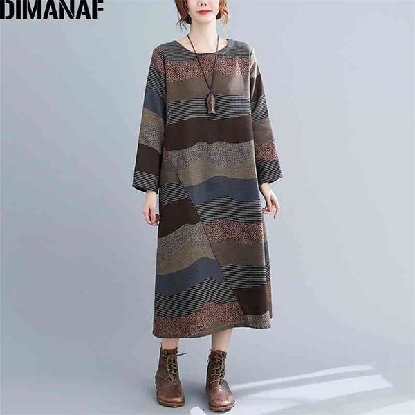 

plus size women dress long sleeve vintage indie folk elegant lady vestido cotton loose print striped autumn winter 210531, Black;gray