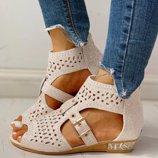 

sandals vintage hollow out wedge heel summer slip-on buckle ladies shoes open toe casual zipper women sandalias roman d4, Black