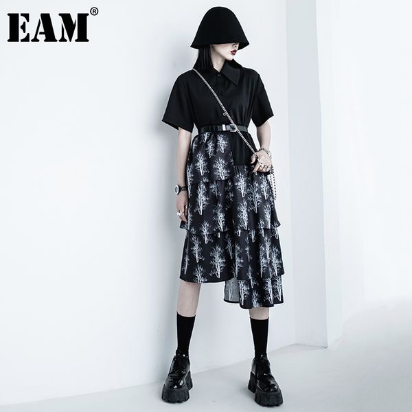 

[eam] women black spliced print ruffles asymmetrical dress lapel short sleeve loose fit fashion spring summer 1dd7959 21512, Black;gray