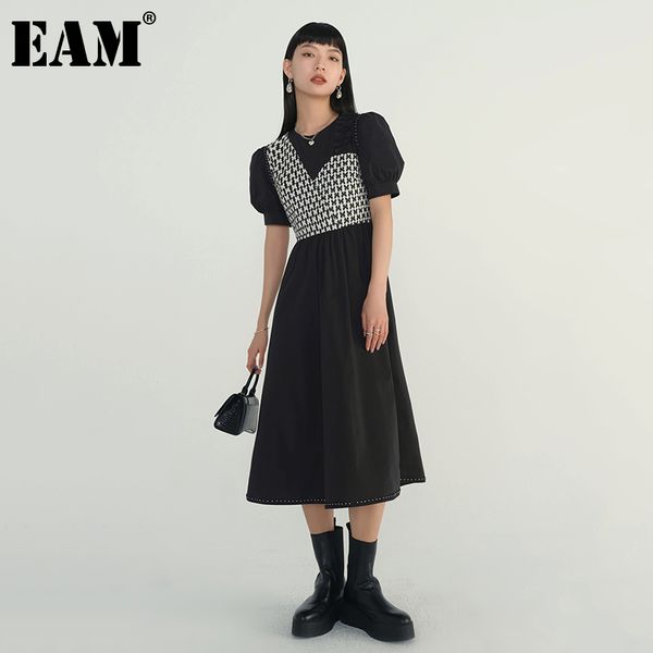 

[eam] women contrast color jcaquard midi dress round neck short sleeve loose fit fashion spring summer 1dd5830 210512, Black;gray