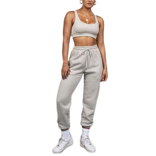 

women's two piece pants 2021 solid color sports suit, fashion casual, pockets, lace-up trousers, sweatpants, 2-piece set full length, White