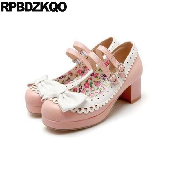 

size 33 plus high heels bow pumps cute strap square toe block kawaii mary jane women sweet lolita shoes 11 43 pink  42 medium dress, Black