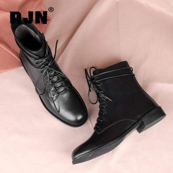 

boots rjn winter warm ankle woman genuine leather red lace up zipper low heel round toe short ladies shoes rc8481, Black