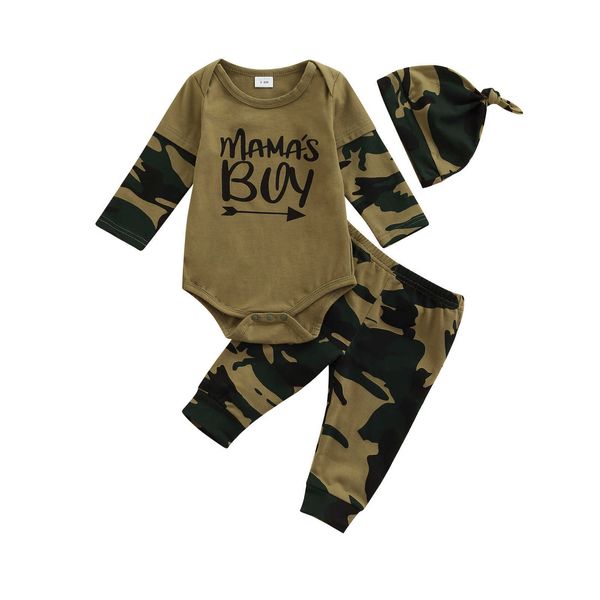 Neonati maschi Vestiti Mama's Boy Lettera Stampata Pagliaccetto Top + Pantaloni lunghi mimetici + cappello 3 pezzi Abiti autunnali Set G1023