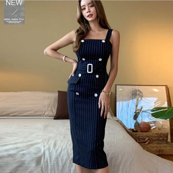 

zawfl summer women sheath dress office lady striped double breasted ruffles bodycon fashion square collar pencil 210525, Black;gray