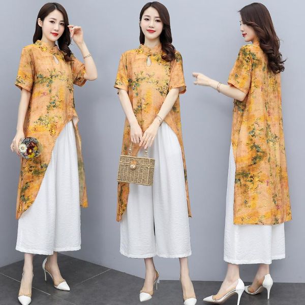 

ethnic clothing 2021 vietnam aodai chinese traditional set qipao dress robe improved cheongsam oriental flower print casual, Red