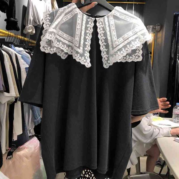 

korean fashion mesh spliced tshirt women casual loose o-neck tee ropa mujer simple short sleeve woman summer 210514, White