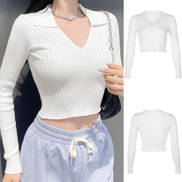 

women's t-shirt t-shirts for women long sleeve solid color pit stripe navel lapel knitted casual top, White