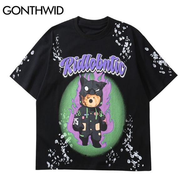 

tshirts hip hop graffiti fire flame cartoon bear print punk rock gothic short sleeve t-shirts streetwear harajuku 210602, White;black