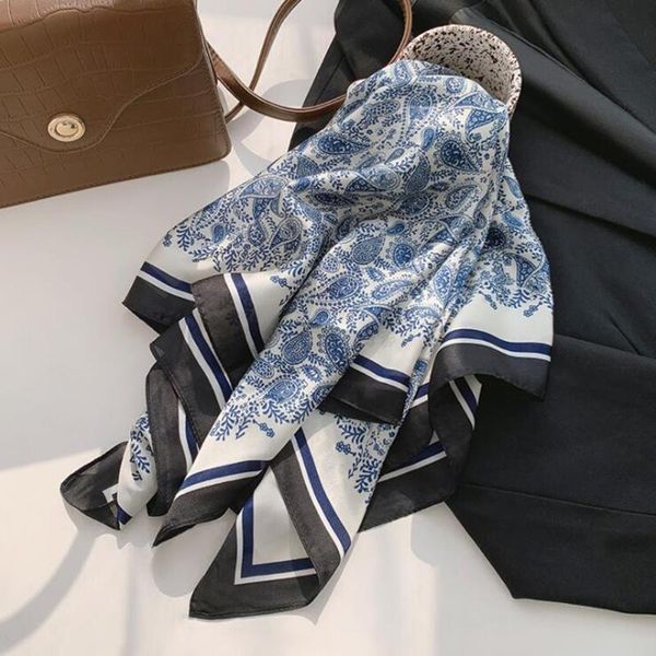 

scarves luxury 2021 square silk scarf women satin print muslim bandana female shawl wrap headband kerchief 70*70cm hair, Blue;gray