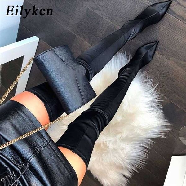 Eilyken 2022 Botas altas da coxa sobre o joelho Elastic Stretch Mulheres Botas Mujer Sexy Heels Sock 211105