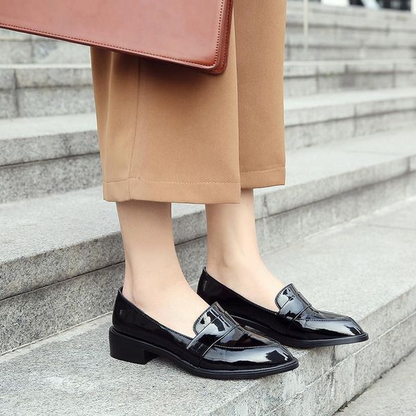 

fashion patent leather summer slip on low medium heels pumps black wine red office shoes woman plus size loafers dress