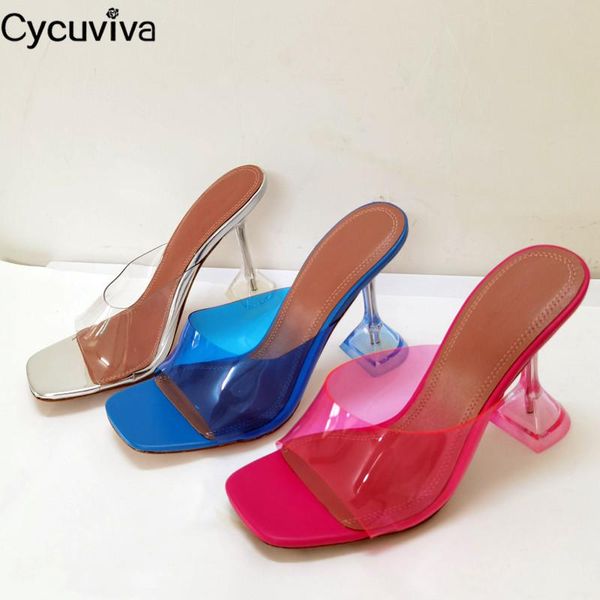 

slippers high heel women transparent pvc elegant goblet party summer shoes woman open square toe mules, Black