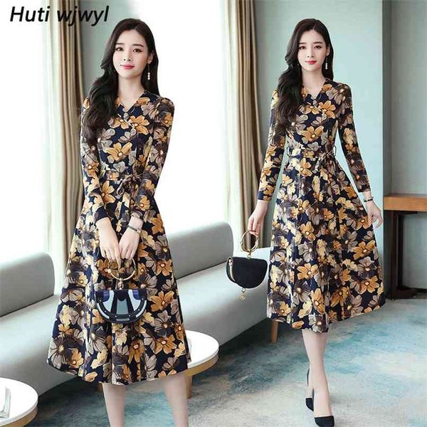 

vintage print midi dresses autumn winter female 3xl plus size floral long sleeve dress elegant women bodycon party vestidos 210528, Black;gray