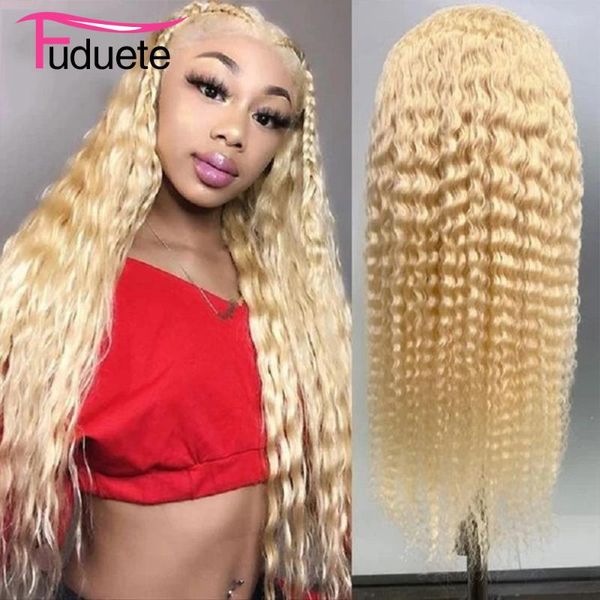 

deep wave frontal wig 13x4 transparent lace wigs for black women 613 remy brazilian human hair fuduete, Black;brown
