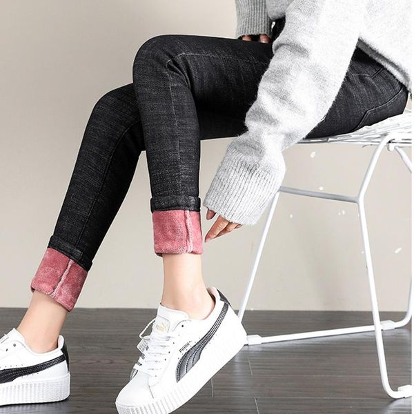 

women's jeans autumn/winte denim high-waist stretch skinny trousers plus fleece outer wear warm thick velvet, Blue