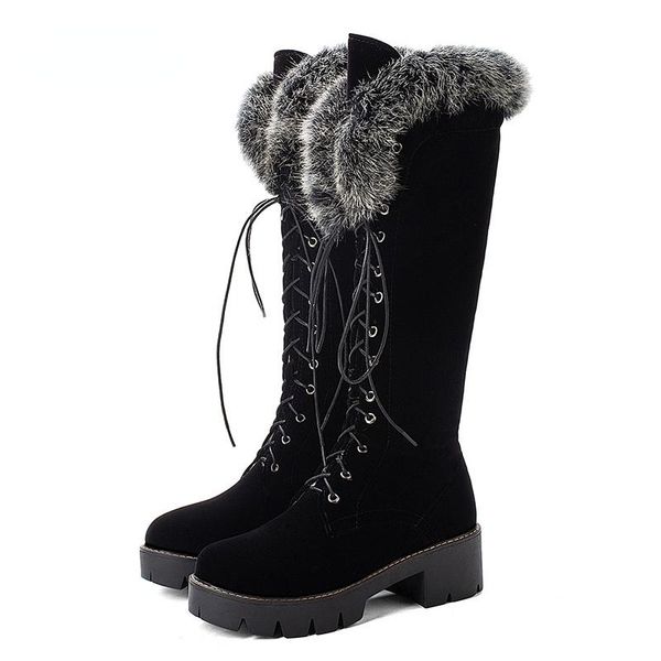 

boots lace-up winter shoes women snow real fur knee high suede thick heel warm outdoor with zip big size 43, Black