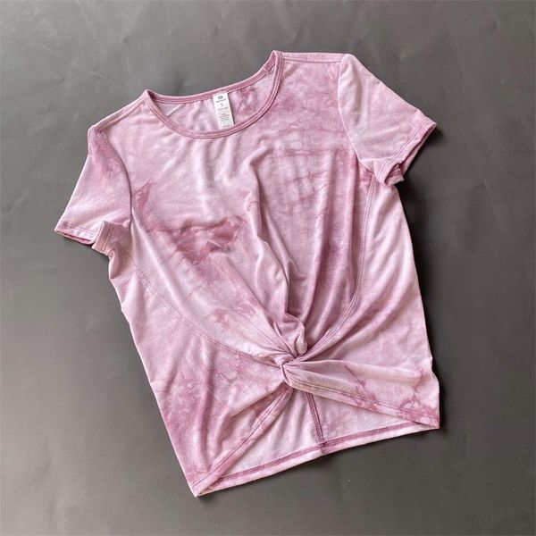 

yoga outfit women's round neck summer breathable t-shirt tie-dye running clothes cross-knotted fitness slim casual short sleeves