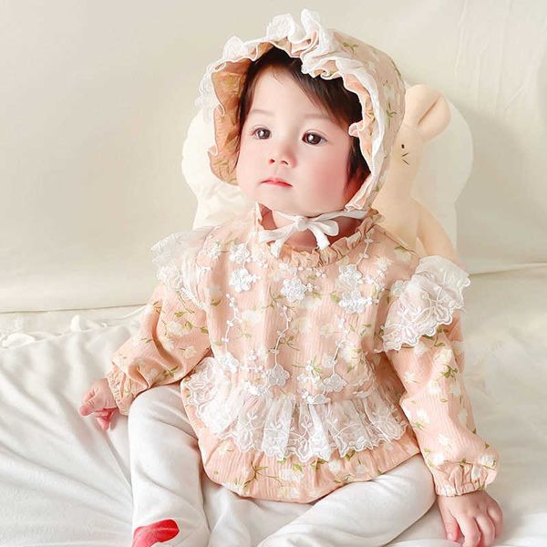 Koreanische Baby Mädchen Floral Strampler mit Spitze Hut Kinder Boutique Baumwolle Overall Schwester Strampler Säuglingskleidung 210615