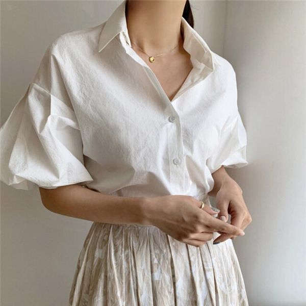 

women's blouses & shirts hzirip summer cotton casual chic fashion ladies design shirt 2021 gentle solid color puff sleeve short-sleeved, White