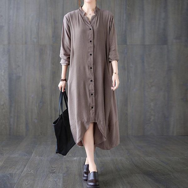 

casual dresses autumn long sleeve solid color shirt dress female vintage oversize woman plus size cotton linen, Black;gray