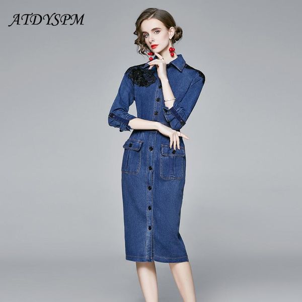 

spring autumn 2021 women denim dress mid-calf bodycon blue dresses long-sleeve slim breasted casual cotton vestidos, Black;gray
