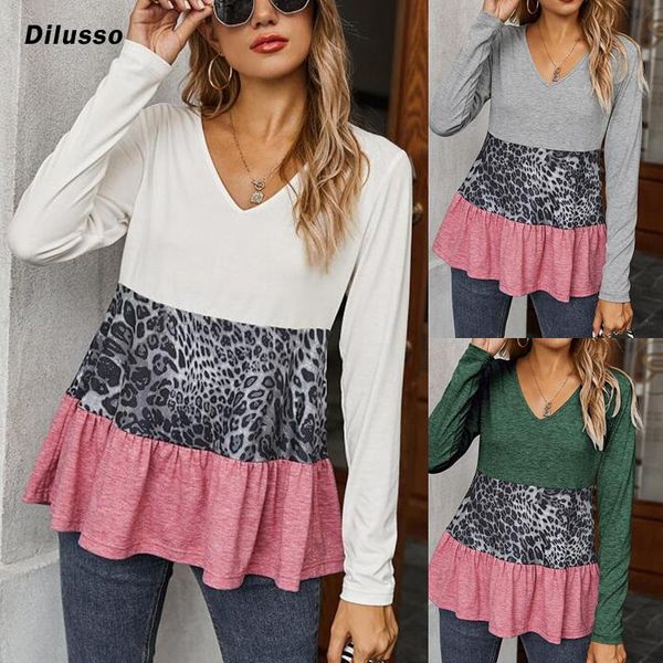

women's t-shirt women winter patchwork long sleeve casual leopard print v-neck ruffles loose ladies autumn spring chic, White