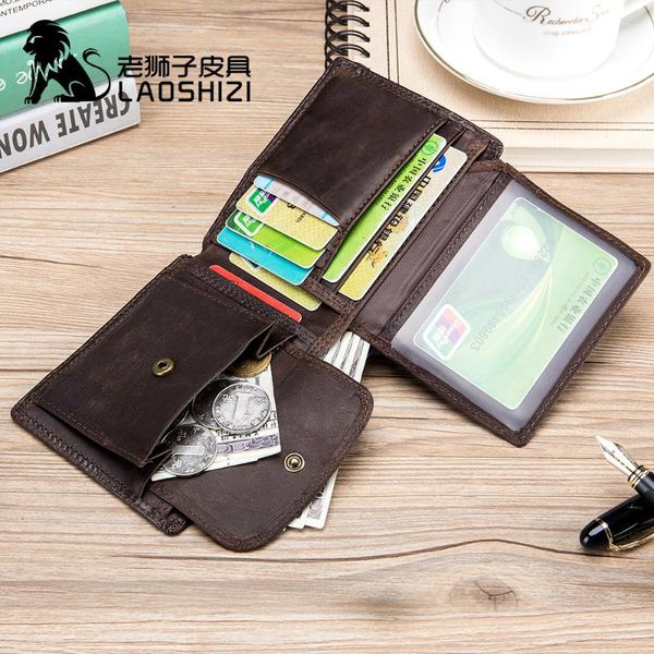 

wallets laoshizi ultra-thin mens wallet genuine leather short men vintage male purse coin pouch multi cards, Red;black