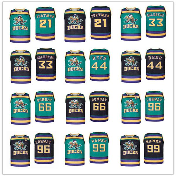 Homem Impresso Mighty Ducks Jersey 96 Charlie Conway 99 Adam Banks 21 Dean Portman 44 Fulton Reed 33 Greg Goldberg 66 Gordon Bombaim Verde Tamanho Preto S-3XL