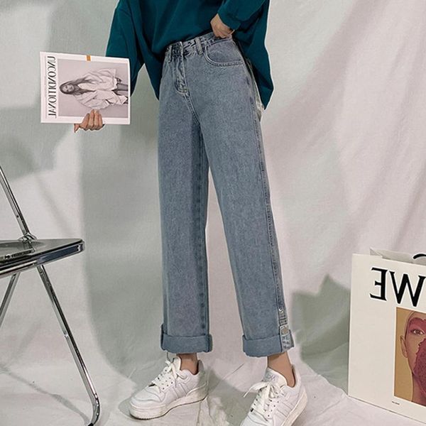 

straight-leg pants slimming trousers adjustable fixed curling effect floor high waist jeans women korean loose women's, Blue